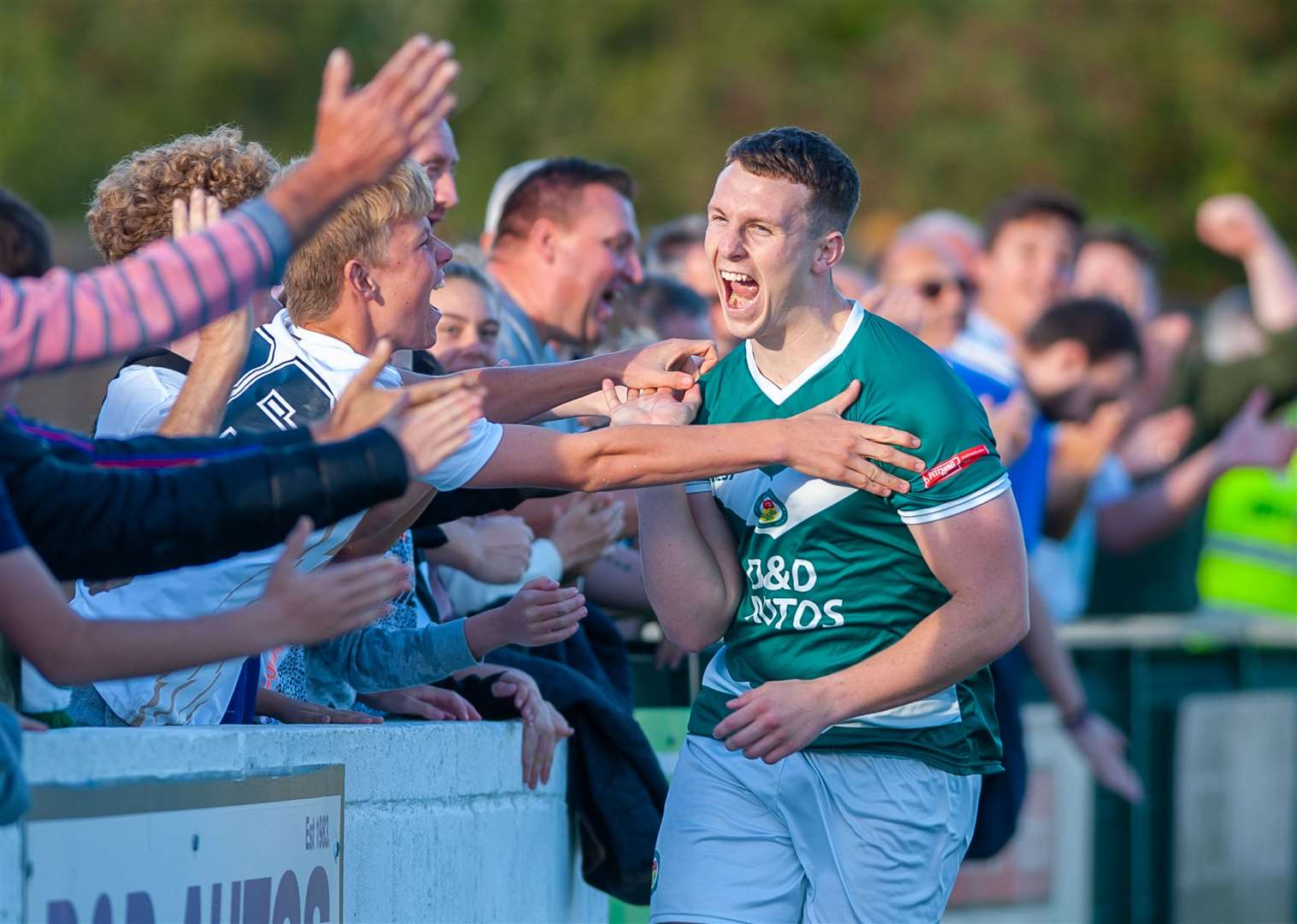 Ashford midfielder Josh Wisson celebrates his equaliser against Chalfont St Peter Picture: Ian Scammell