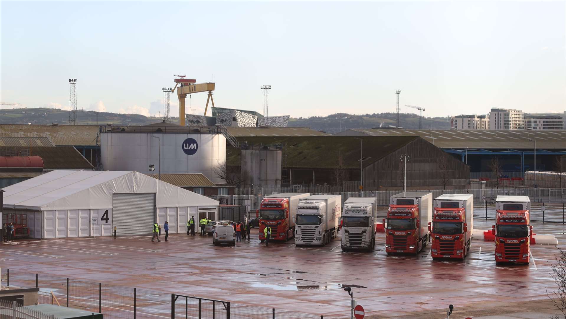 Lorries lined up at the checking site at Belfast Port (Liam McBurney/PA)