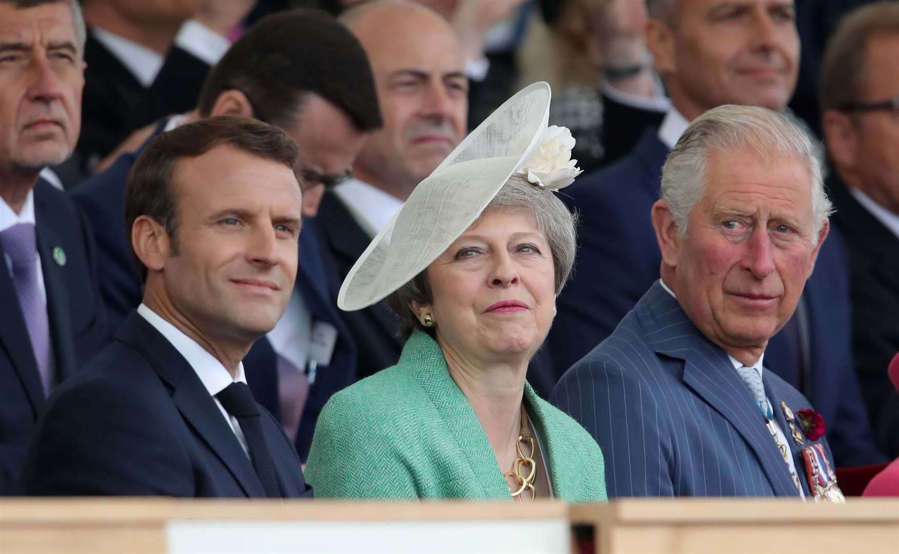 Emmanuel Macron, then-PM Theresa May and the Prince of Wales in Portsmouth marking the 75th anniversary of the D-Day landings in 2019 (Andrew Matthews/PA)