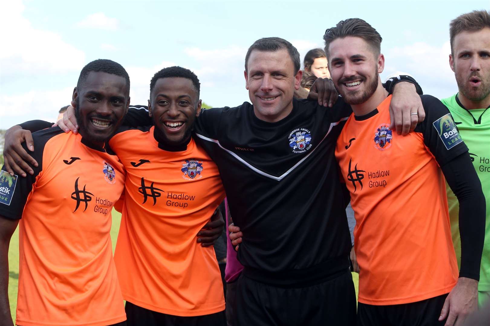 Steve McKimm with Chinedu McKenzie, D'Sean Theobalds and Tom Derry after Tonbridge's super play-off victory at Met Police in 2019 Picture: Dave Couldridge