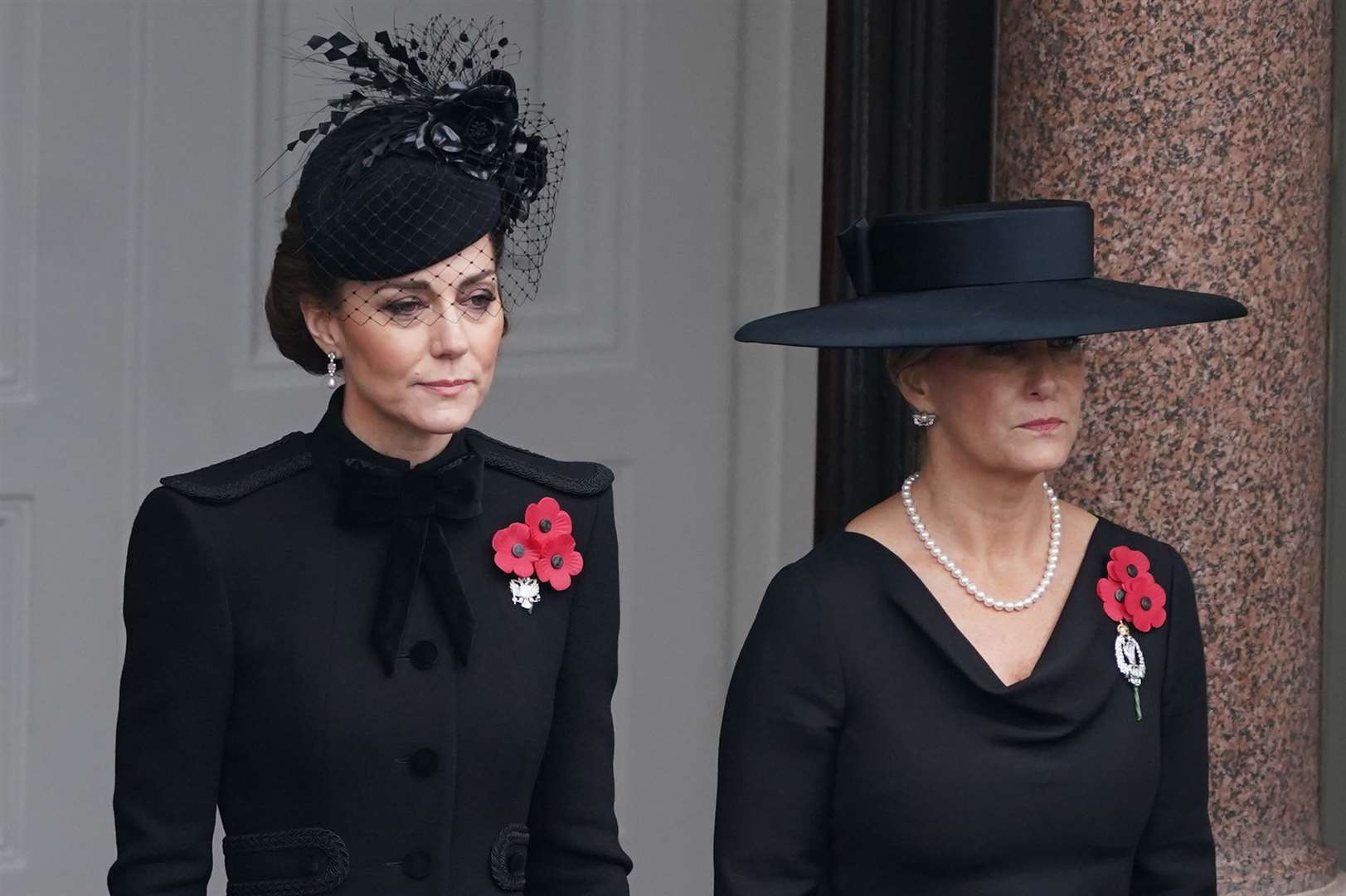 Kate and Sophie on the balcony at the Foreign, Commonwealth and Development Office during the Remembrance Sunday service at the Cenotaph (Stefan Rousseau/PA)