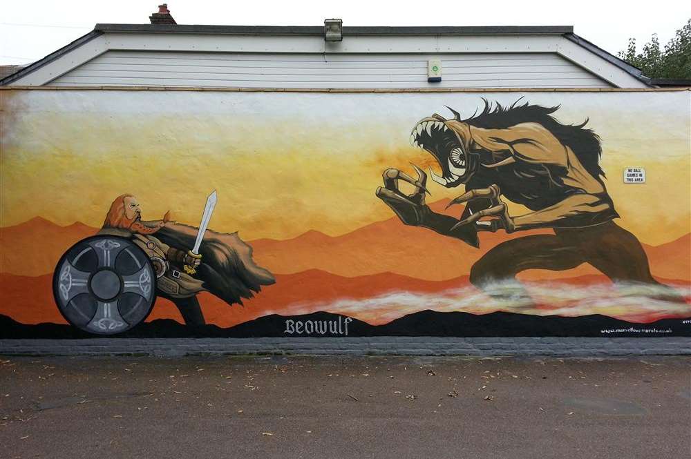 Beowulf mural on the side of Brian's in Sheerness created by Milton artist Dean Tweedy