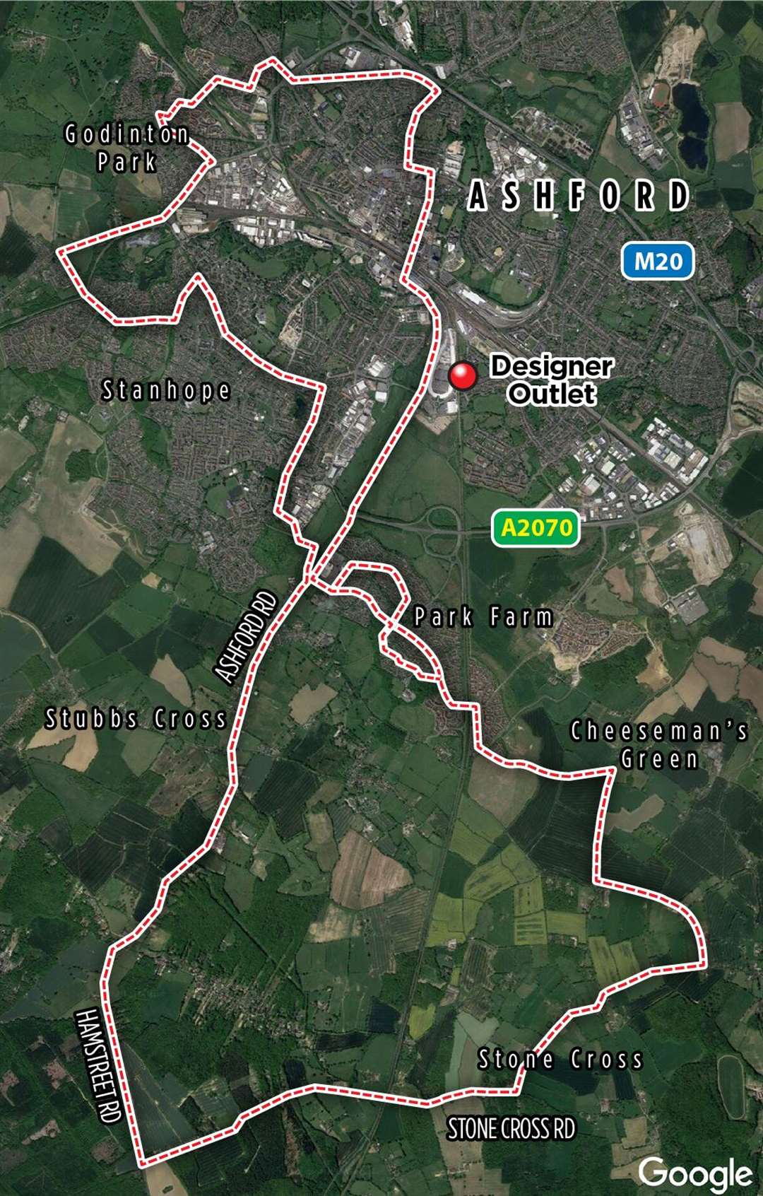 The marathon route that Chris took around Ashford