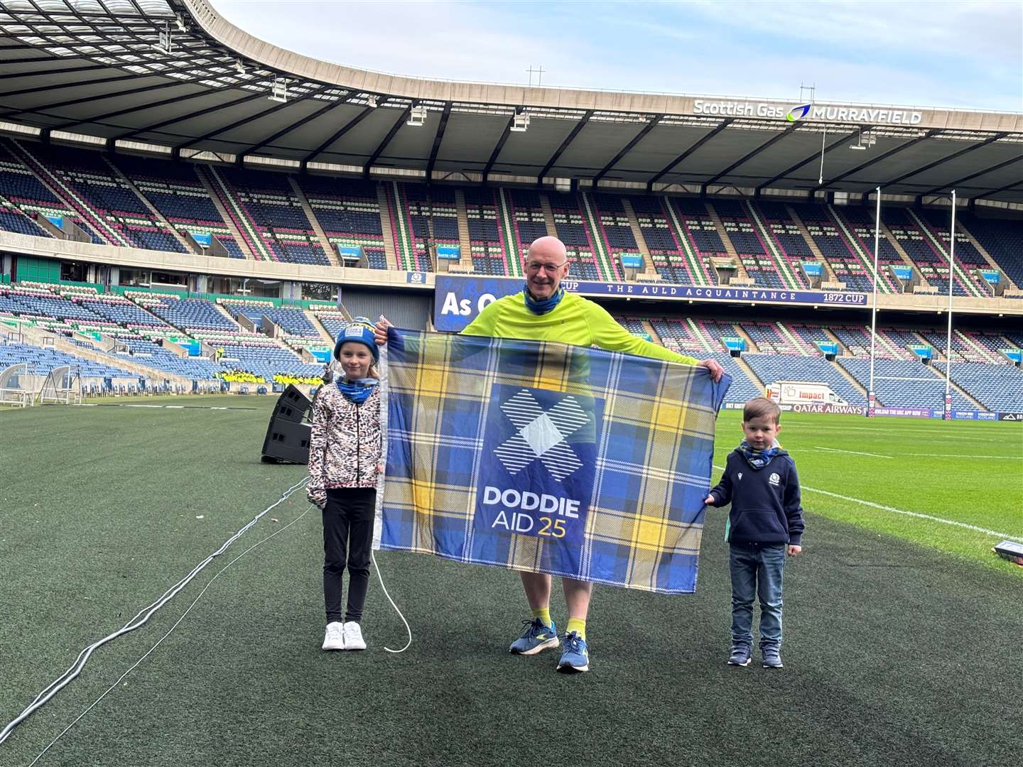 The First Minister teamed up with campaigners young and old, including Sienna, seven, and Beauden, four, for Doddie Aid 2025 (Nick Forbes/PA)