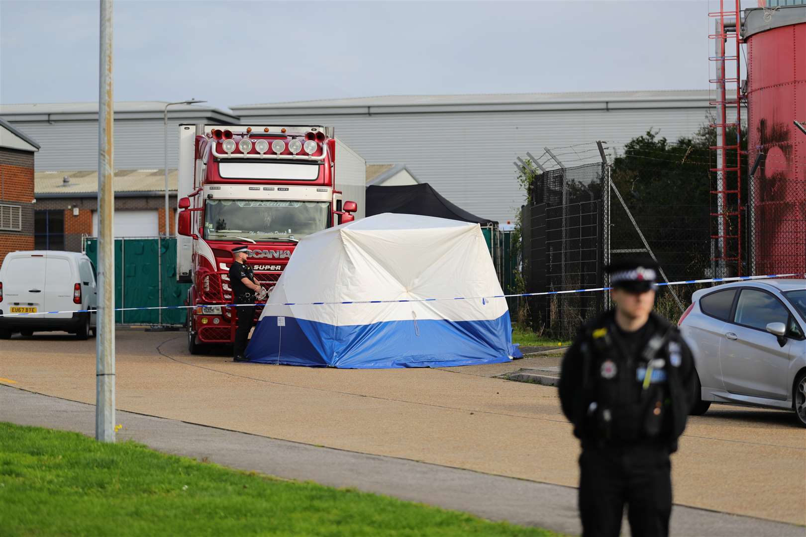 Police activity at the Waterglade Industrial Park in Grays, Essex, in 2019 after 39 bodies were found inside a lorry container (Aaron Chown/PA)