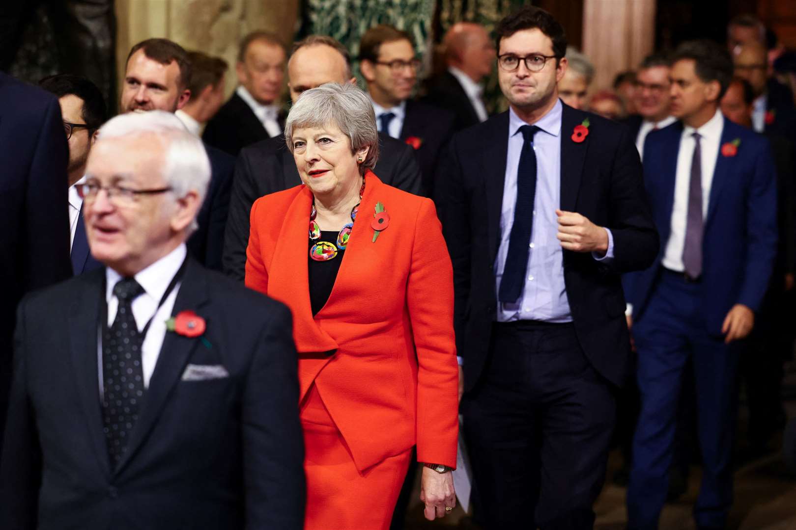 Former prime minister Theresa May walks through the Members’ Lobby at the Palace of Westminster ahead of the State Opening of Parliament in 2023 (Hannah McKay/PA)