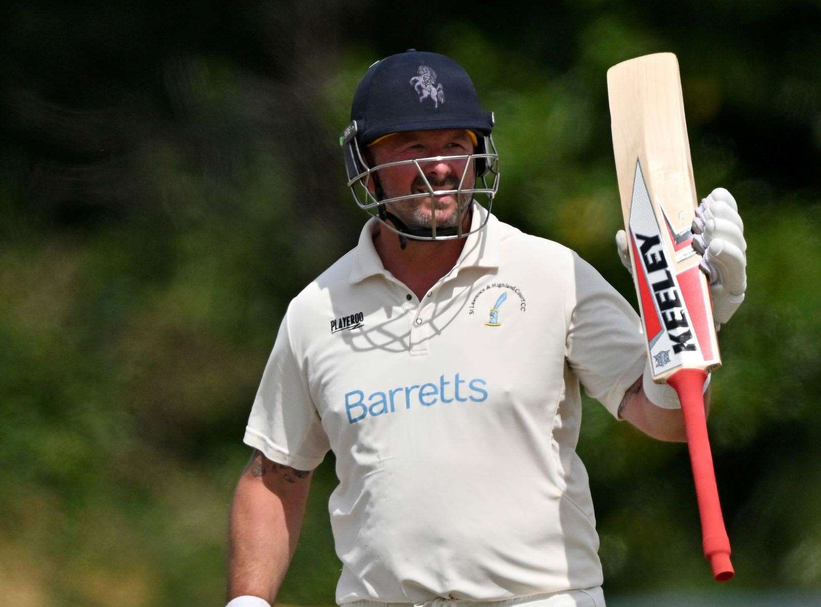 Darren Stevens celebrates his century in St Lawrence & Highland Court’s 79-run victory at Blackheath on Saturday. Picture: Keith Gillard