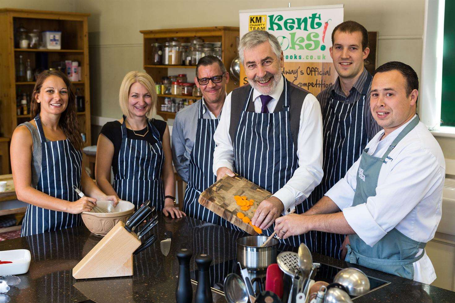 Kent Cooks judges being put through their paces. From left: Amy Woods (Three R’s Teacher Recruitment), Sarah Leipnik (Golding Homes), Matthew McPhail (DFDS Seaways), Jim Ratchford (Licensing Consultancy Services), Matt Parkinson (Voo Servers) and Daniel Kennedy (Kent Cookery School).