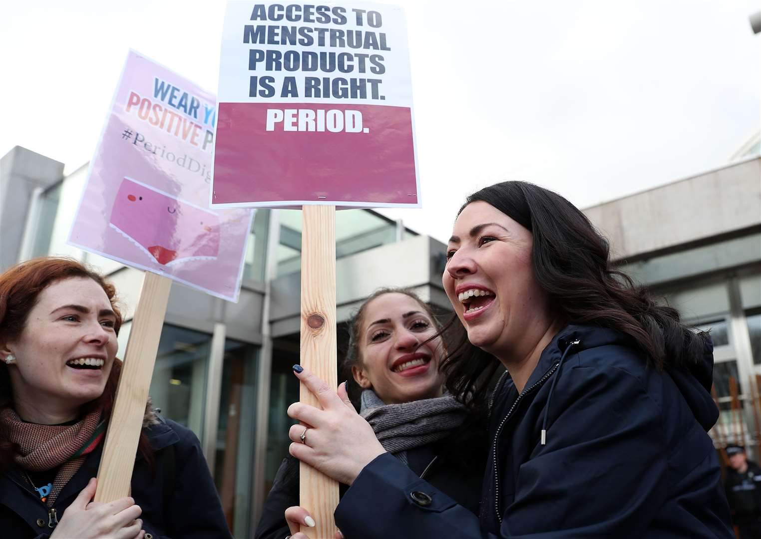 Monica Lennon (right) joins supporters of the Period Products Bill at a rally outside Parliament in Edinburgh earlier this year (Andrew Milligan/PA)