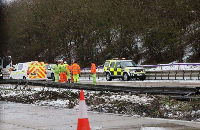 The damaged central reservation on the M20 between Ashford and Maidstone after a lorry ploughed through it. Picture: UKNIP