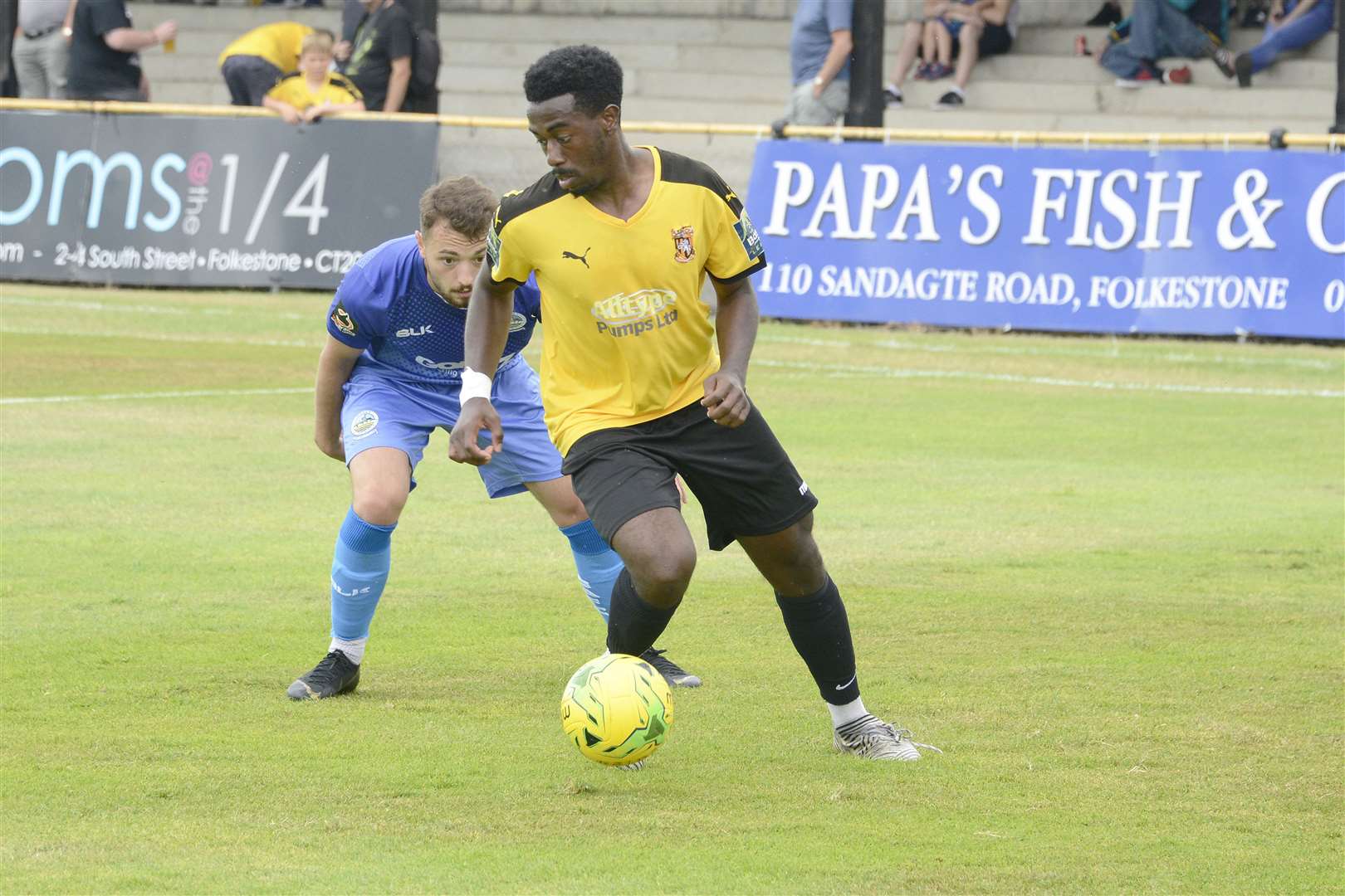 Folkestone's Ira Jackson up against Dover in Saturday's pre-season friendly. Picture: Paul Amos