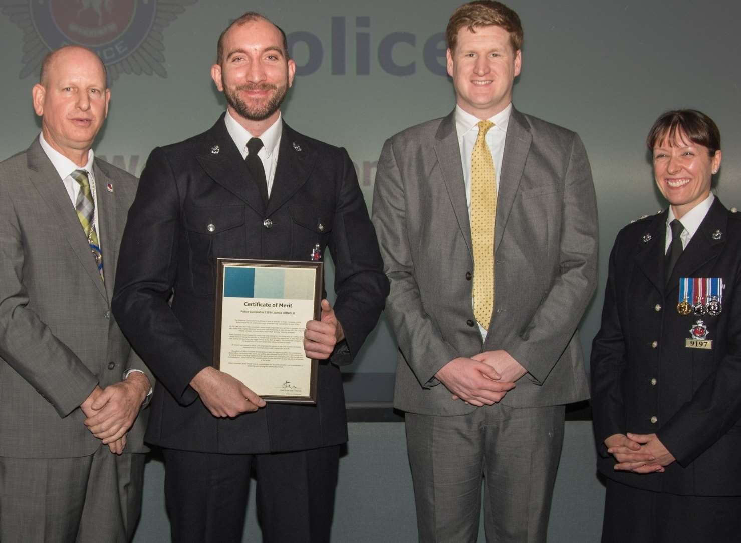 From left, deputy mayor of Maidstone Cllr David Naghi, PC James Arnold, police and crime commissioner Matthew Scott, and Chief Superintendent Julia Chapman
