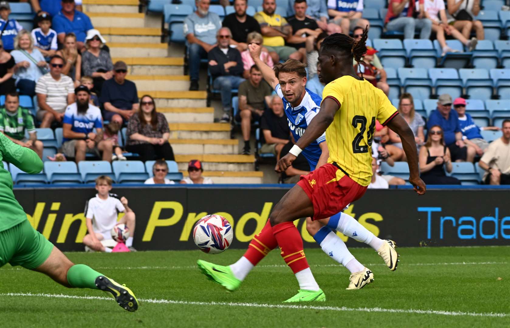 Euan Williams opens the scoring for Gillingham against Watford Picture: Barry Goodwin