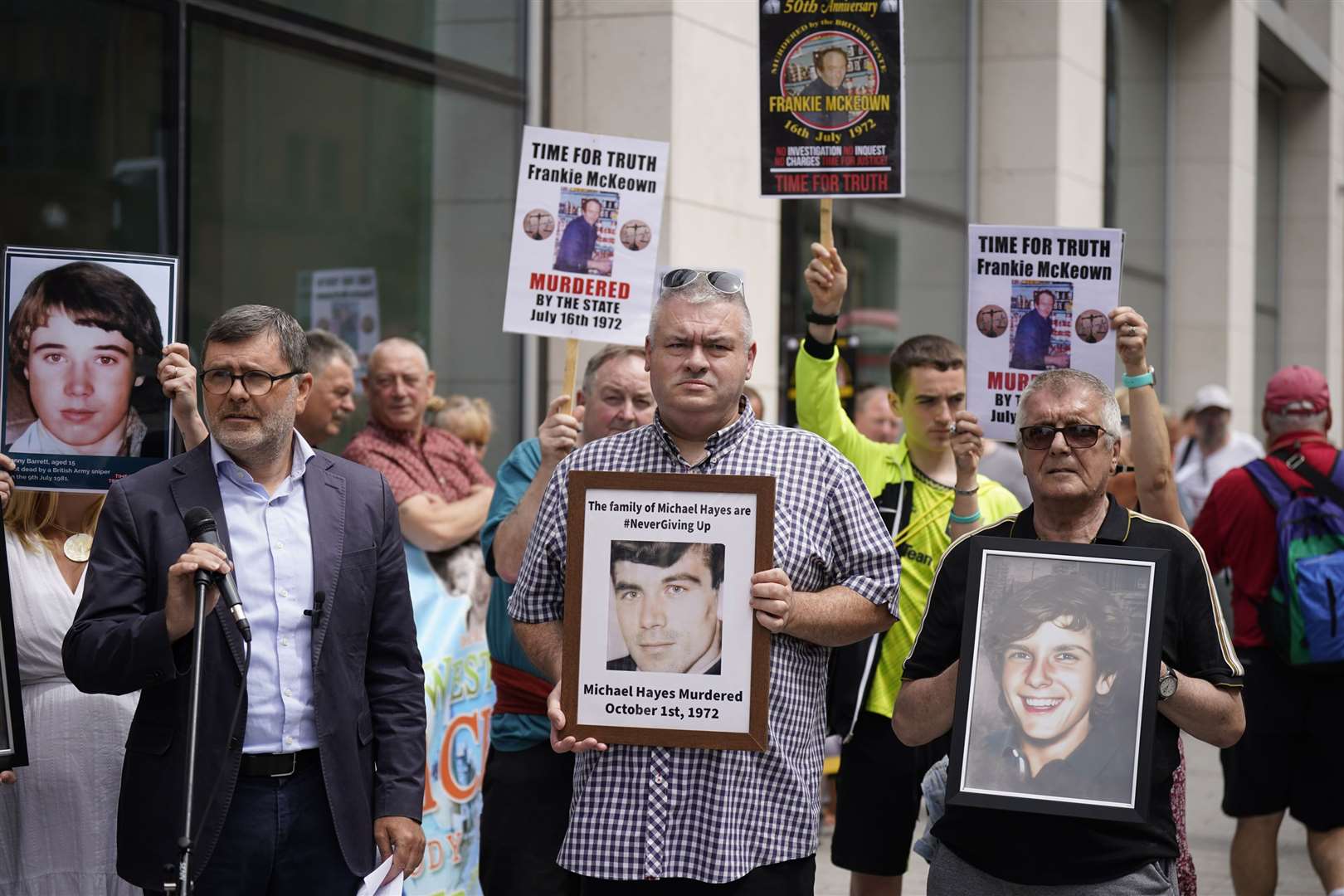 Campaigners from Relatives for Justice protest against the Bill outside the Northern Ireland Office in Belfast (Niall Carson/PA)