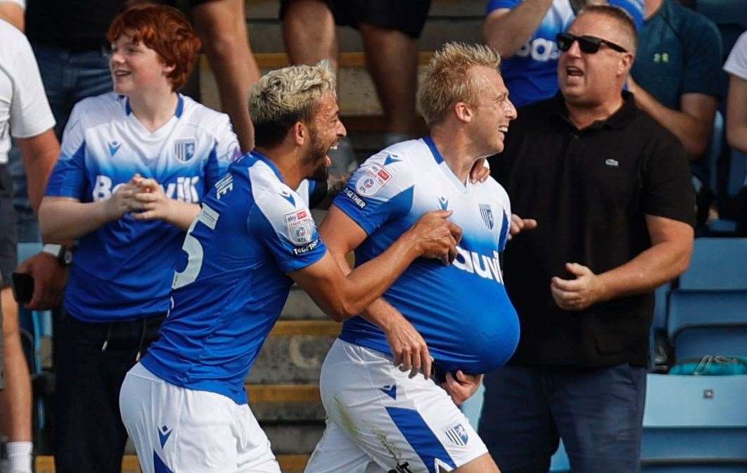 Gillingham’s George Lapslie celebrates his goal against Morecambe - he’s keen to add to his tally this weekend. Picture: @Julian_KPI