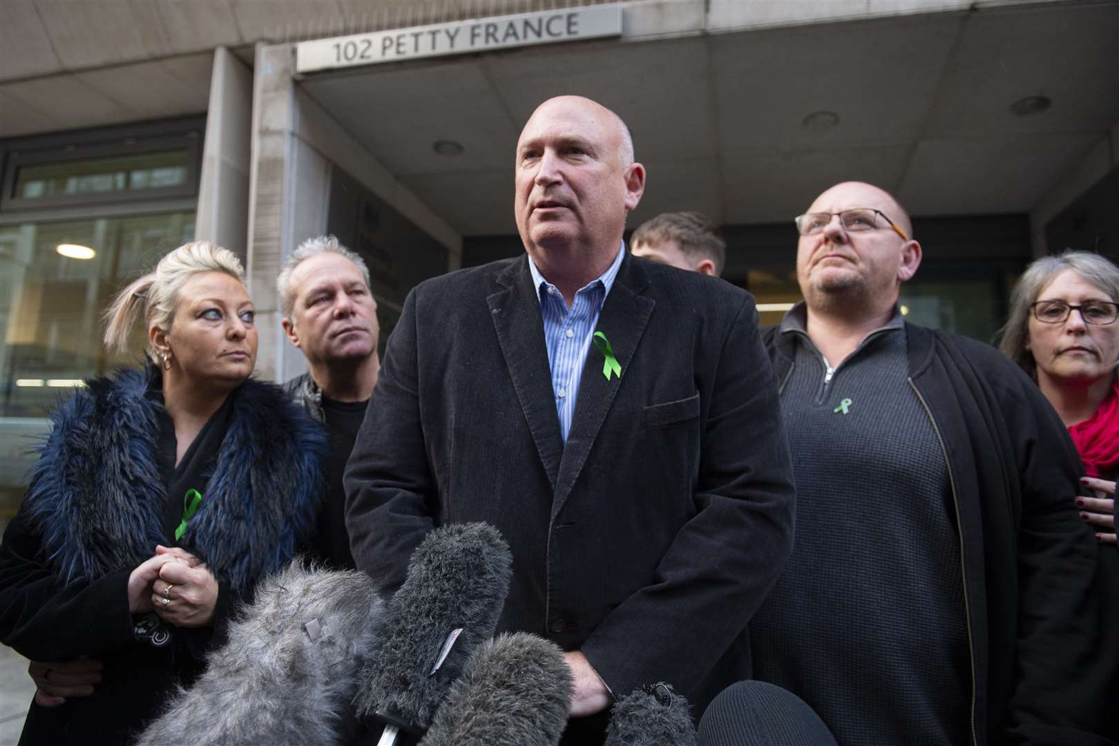 The family of Harry Dunn (left to right) mother Charlotte Charles, stepfather Bruce Charles, family spokesman Radd Seiger, father Tim Dunn and stepmother Tracey Dunn (David Mirzoeff/PA)