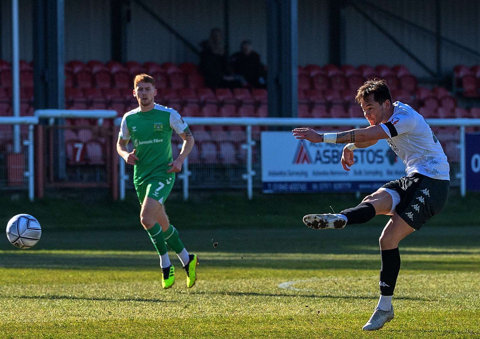 On-loan Dover hitman Alfie Pavey tries his luck on his 50th club appearance during his team's defeat to Yeovil at Crabble on Saturday. Picture: Stuart Brock