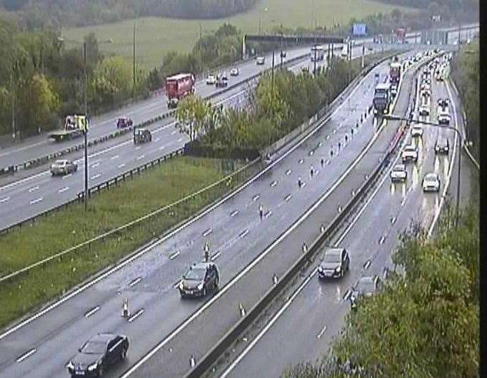 Cones are blocking the inside lanes of the M20 between Detling and Aylesford due to barrier repairs. Picture: National Highways