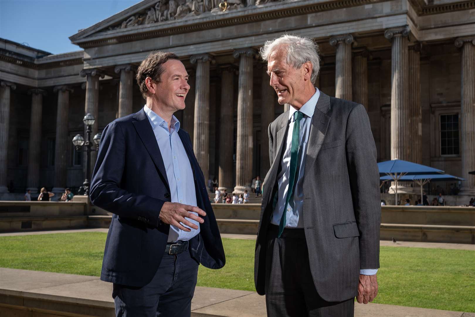 George Osborne, chairman of the British Museum trustees, and interim director Sir Mark Jones outside the British Museum (Aaron Chown/PA)