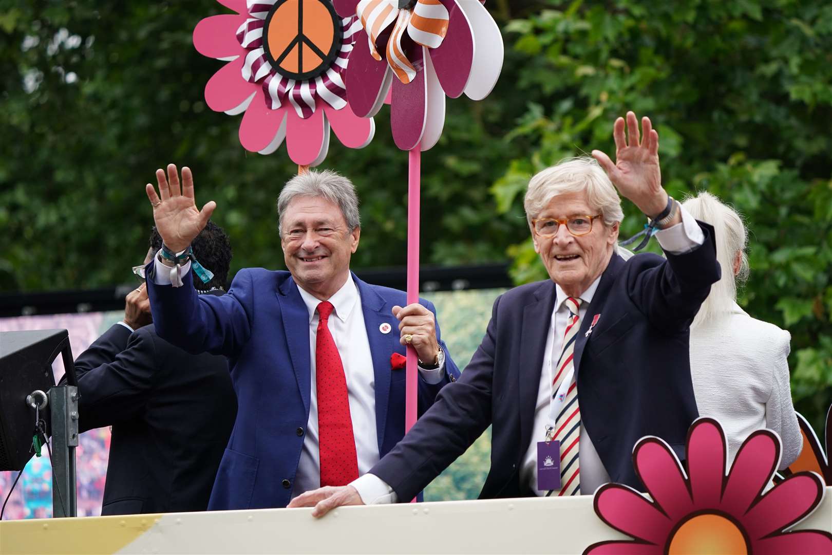 Alan Titchmarsh and William Roache wave to the crowd during the Platinum Jubilee Pageant in front of Buckingham Palace (Yui Mok/PA)