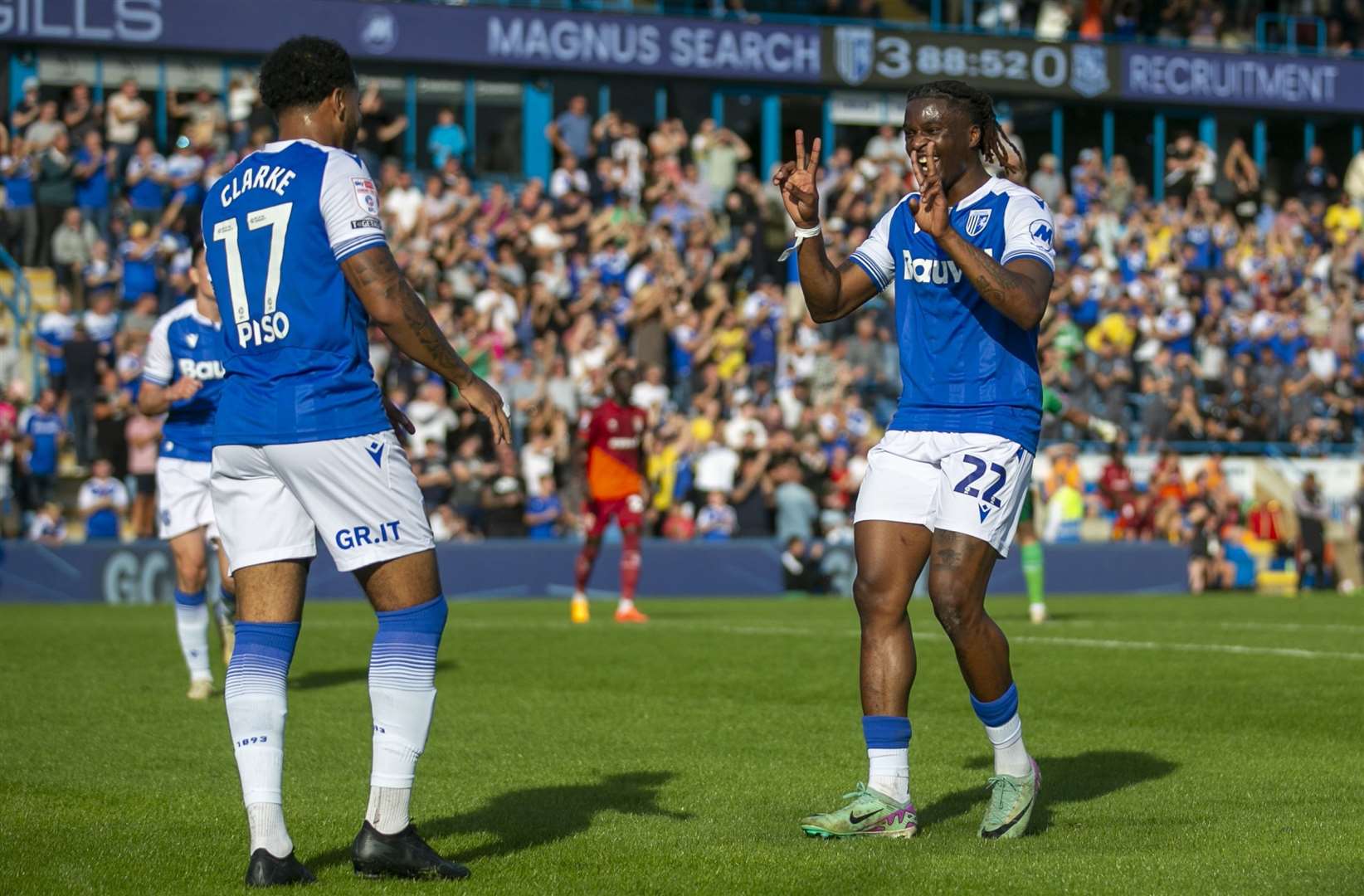 Jayden Clarke and Shad Ogie celebrate a goal as Gillingham beat Tranmere Rovers 3-0 Picture: @Julian_KPI