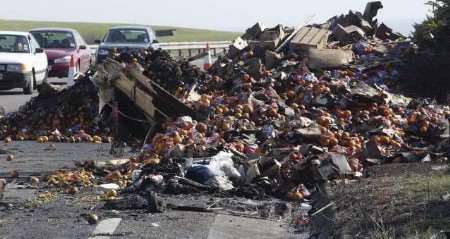 What was left of the lorry and boxes of oranges. Picture: TERRY SCOTT