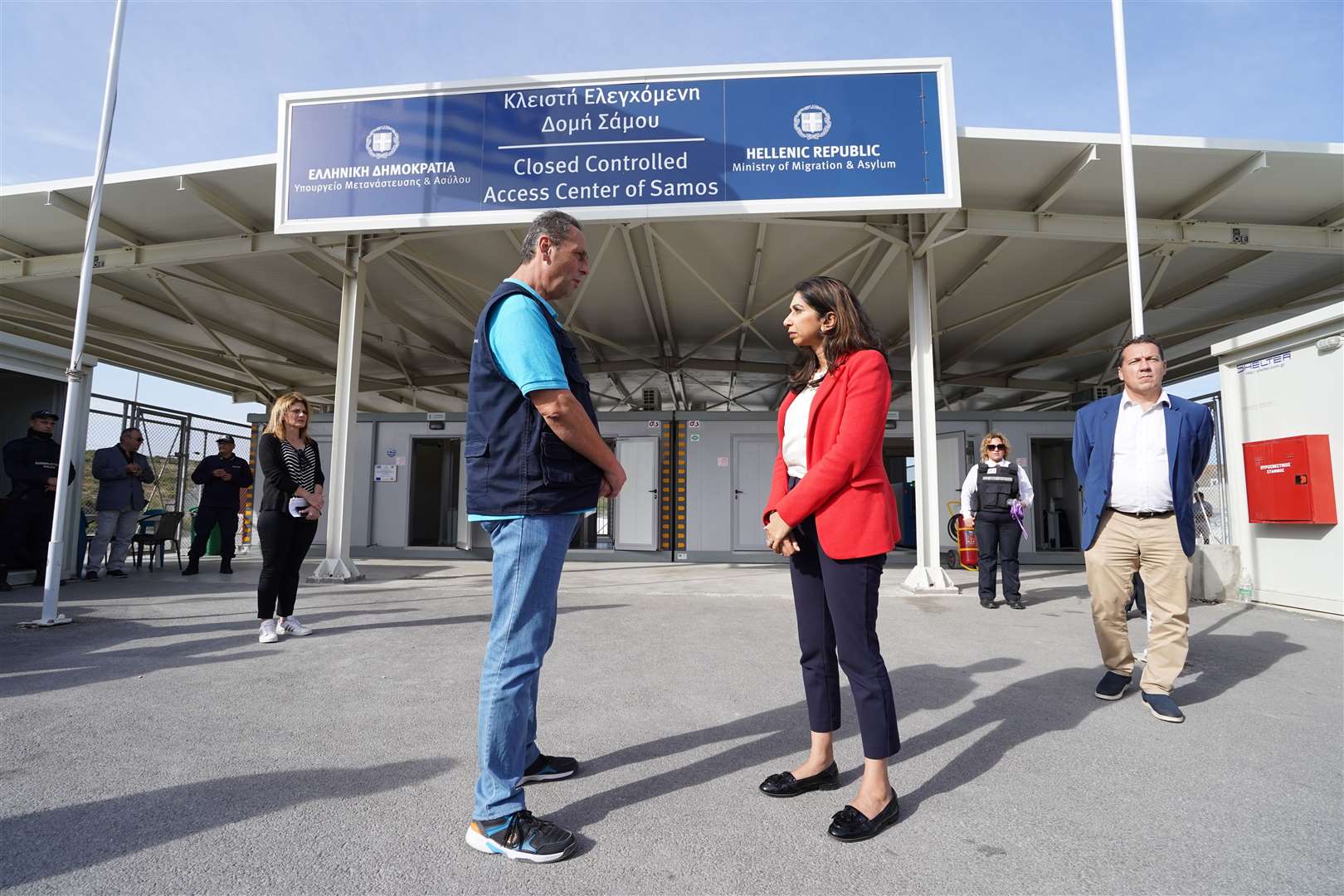 Home Secretary Suella Braverman outside a Closed Controlled Access Centre on the Greek island of Samos where she saw how asylum seekers were being housed and processed (Stefan Rousseau/PA)