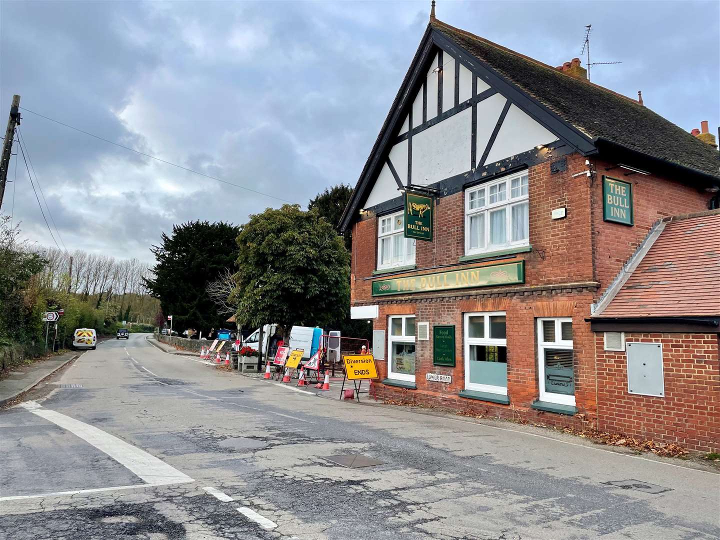 Station Road is closed by The Bull pub