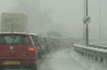 BUMPER TO BUMPER: The scene this morning on Detling Hill, near Maidstone. Picture: PAUL DENNIS