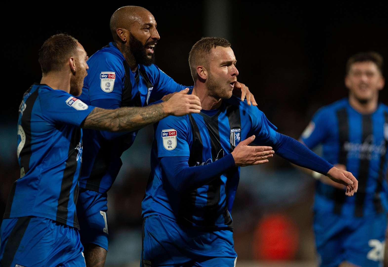 Gillingham midfielder Dean Parrett celebrates his goal at Scunthorpe Picture: Ady Kerry