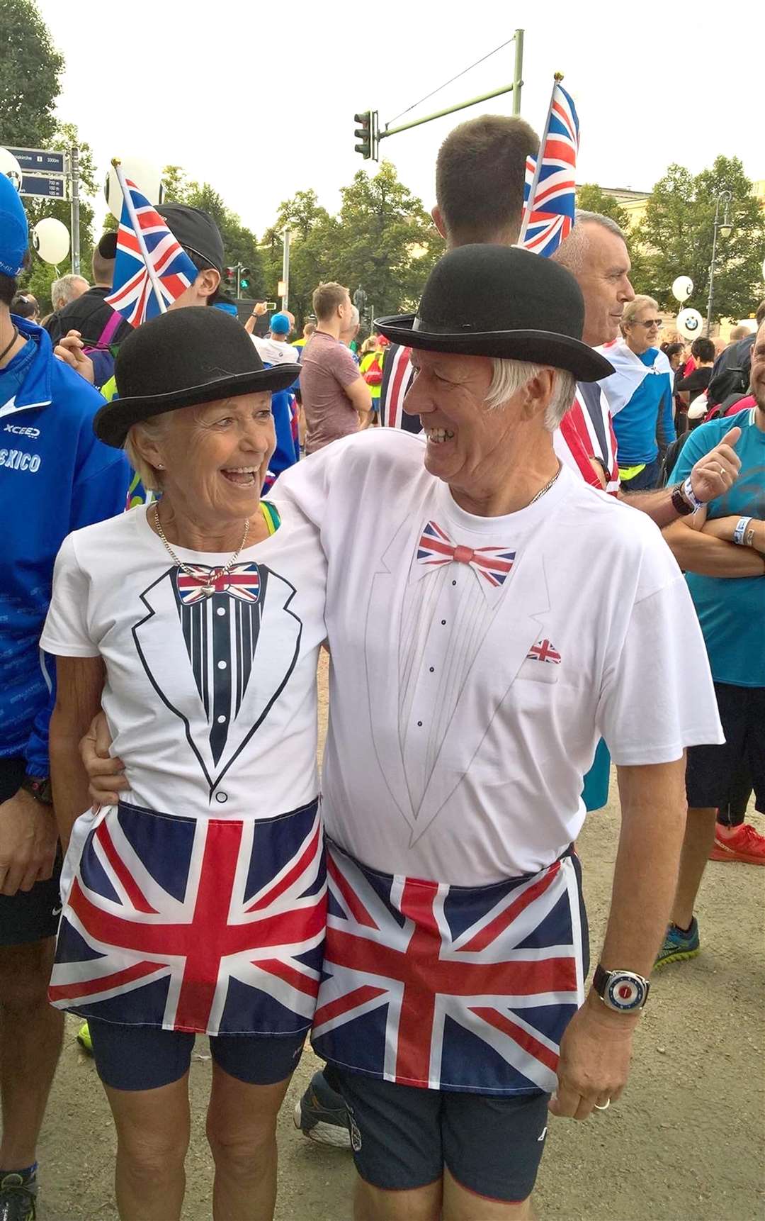 Gina Little with husband Ray at the 6k breakfast run from the Charlottenburg Palace to the Olympic stadium on the day before the Berlin Marathon in 2019 (Gina Little/PA)