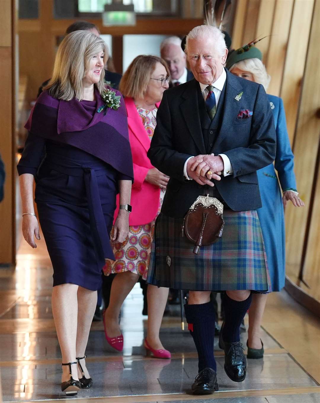 The King dressed in a kilt during a visit to the Scottish Parliament in Edinburgh to mark its 25th anniversary (Andrew Milligan/PA)