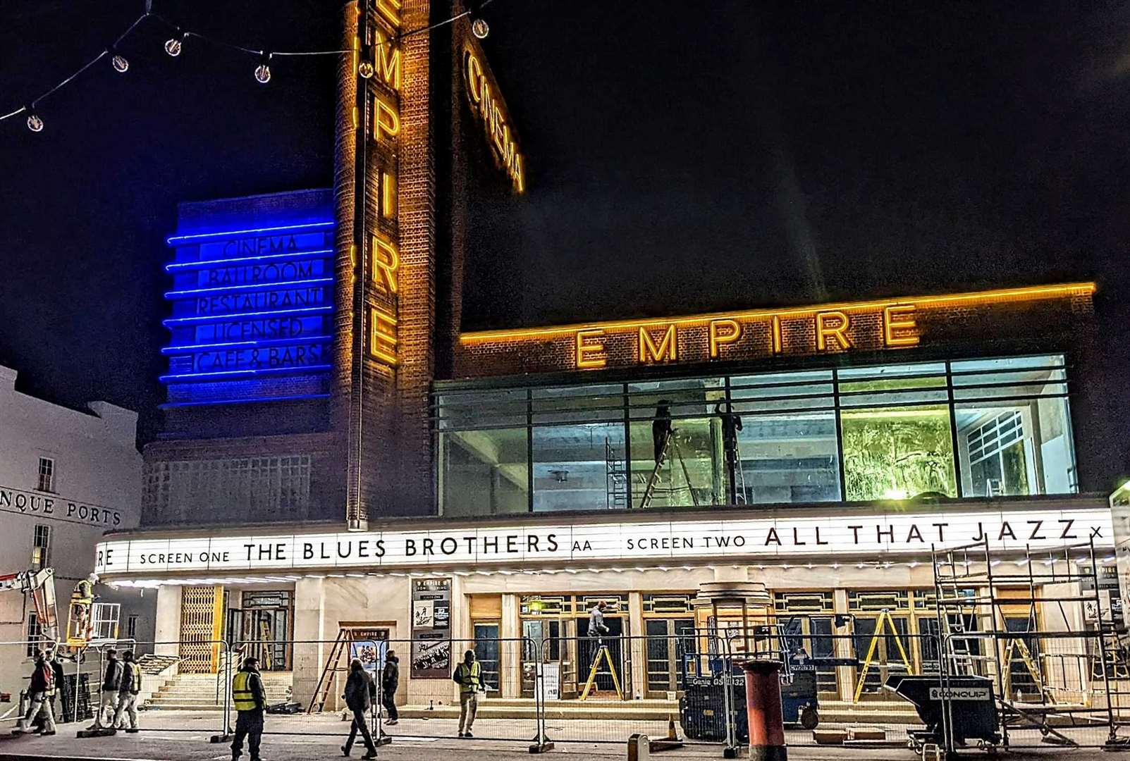 Dreamland lights up under the guise of the Empire cinema, for filming of the Empire of Light movie. Picture: Roy Foord