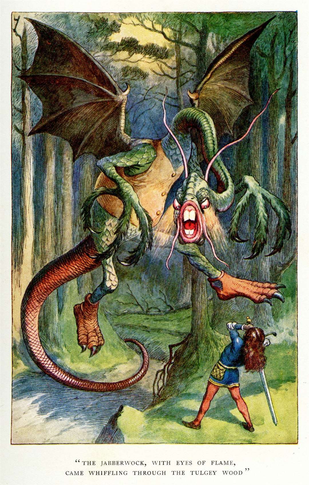The Jabberwock featured in Lewis Carroll's nonsense rhyme Jabberwocky in Alice Through The Looking Glass