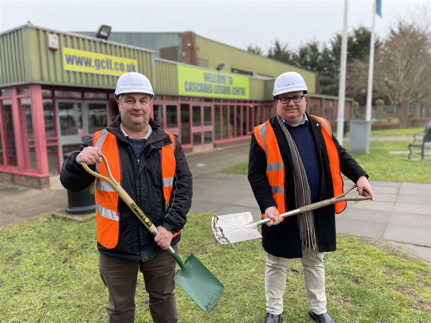 Cllr John Burden and Cllr Shane Mochrie-Cox on site at Cascades where a new leisure centre is to be built