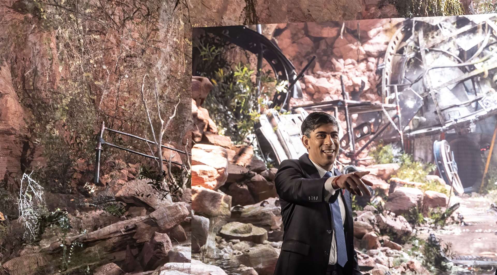 Prime Minister Rishi Sunak in front of a digital image backdrop projected on to a ‘virtual production wall’ (Richard Pohle/The Times/PA)