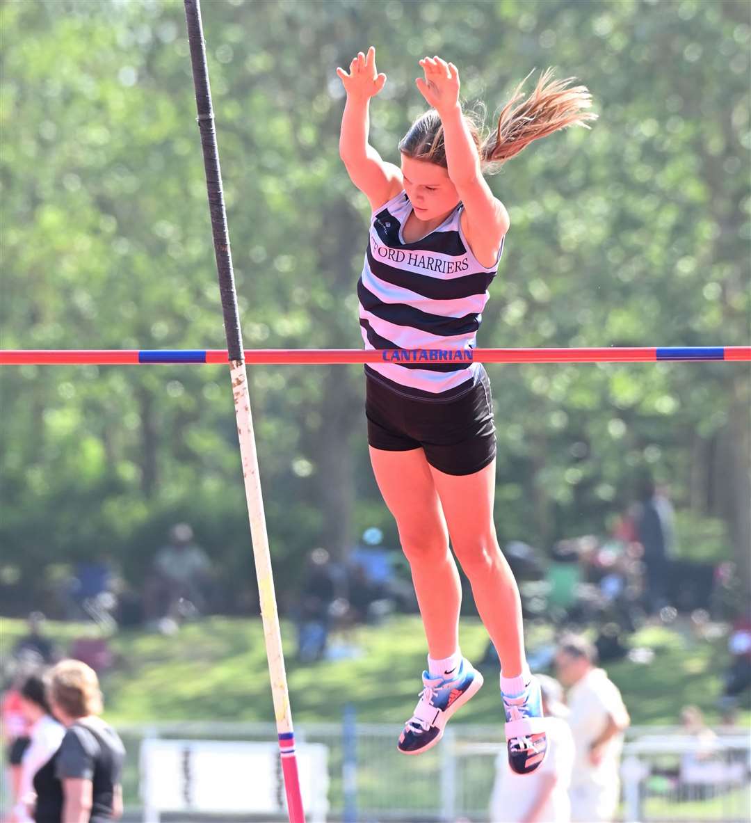 Dartford Harriers’ Zoya Gabryelow was second in the Under-15 Girls’ pole vault final. Picture: Simon Hildrew