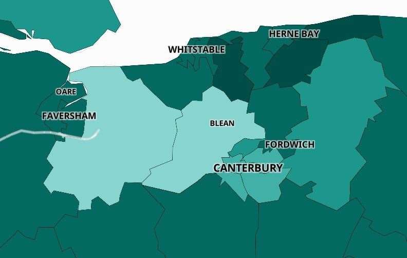 The lightest shaded areas on the government's interactive map have had the lowest vaccine uptake - while the darkest shaded areas have the highest