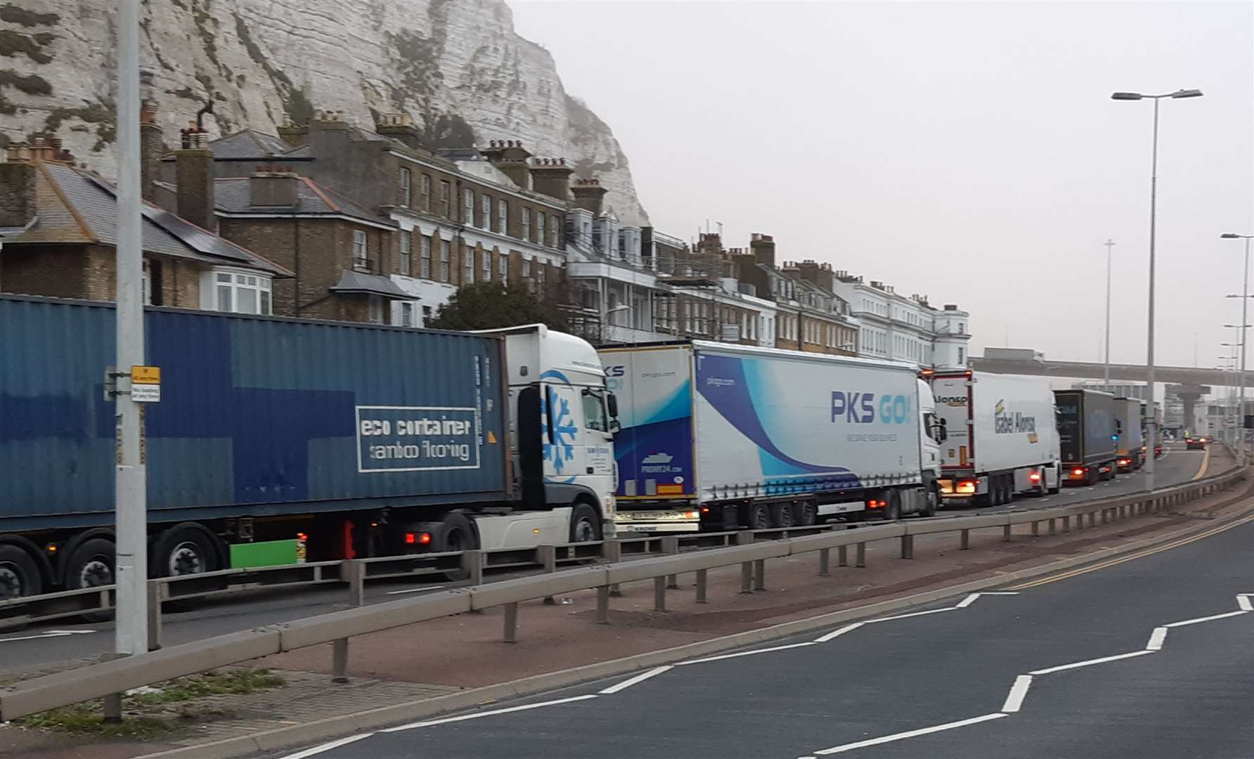 Lorry queues can already happen on the port roads for various reasons, like this one on the A20 Townwall Street last Saturday. Picture: Sam Lennon KMG