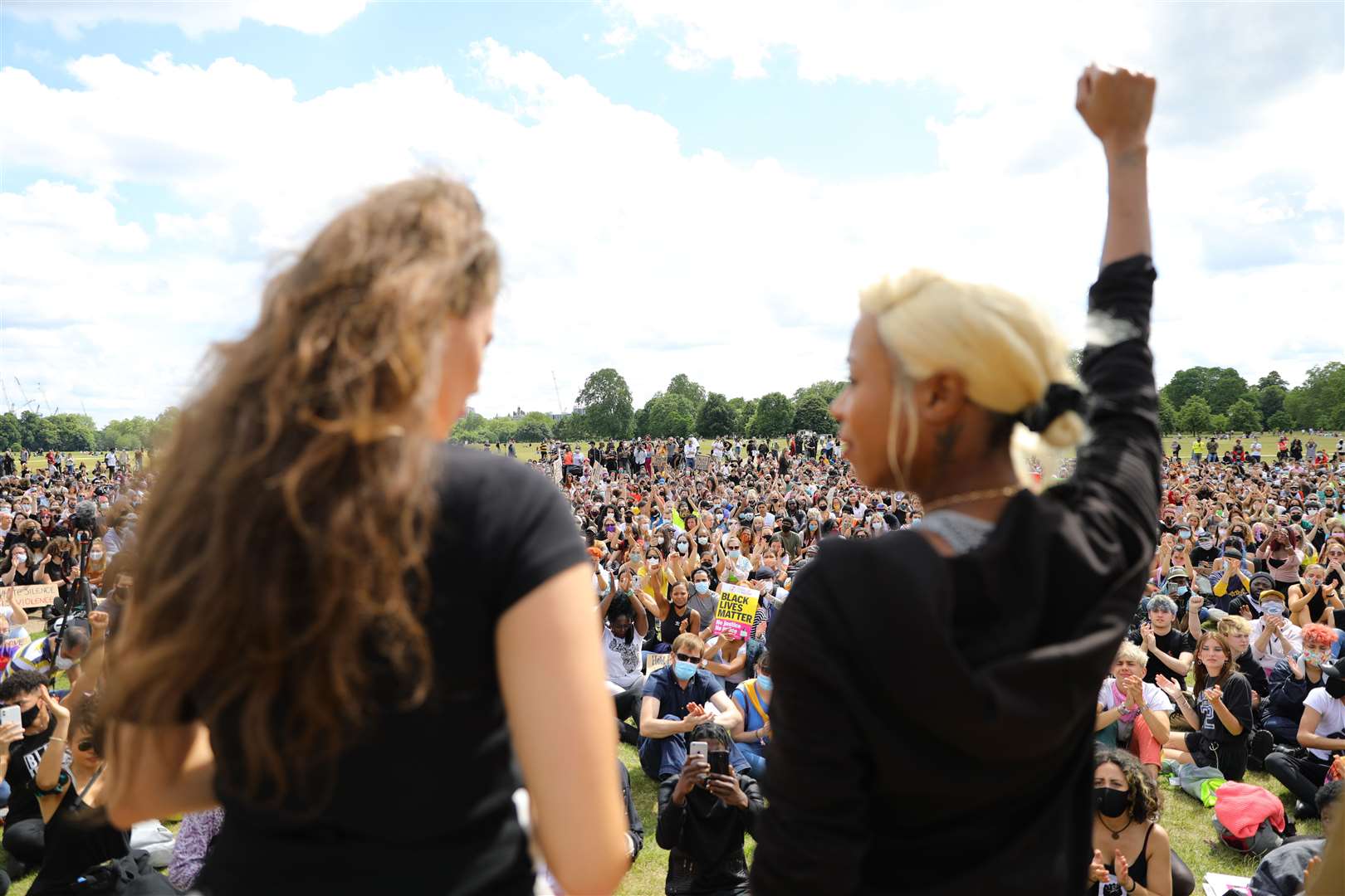 Imarn Ayton (right) addresses people during Black Lives Matter rally in Hyde Park, London last summer (Aaron Chown/PA)