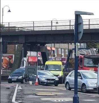 Adam Davis, owner of Eden Barbers, High Street, Strood, captures the moment an ambulance tries to get through traffic during the first weekend of closures in May