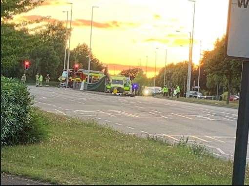 Emergency services at Bowaters Roundabout following the collision. Picture: Martin Reid@Theninthmajor