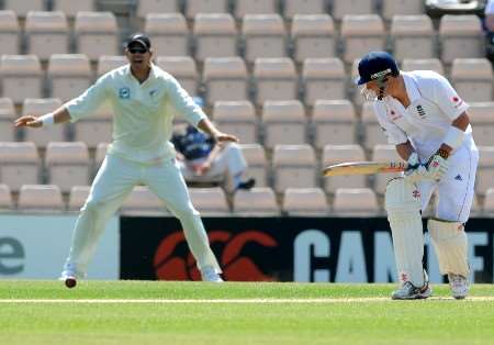 The right-hander batted just over two hours for a dogged 24 before falling leg before soon after lunch to Kiwi seamer Chris Martin. Picture: BARRY GOODWIN