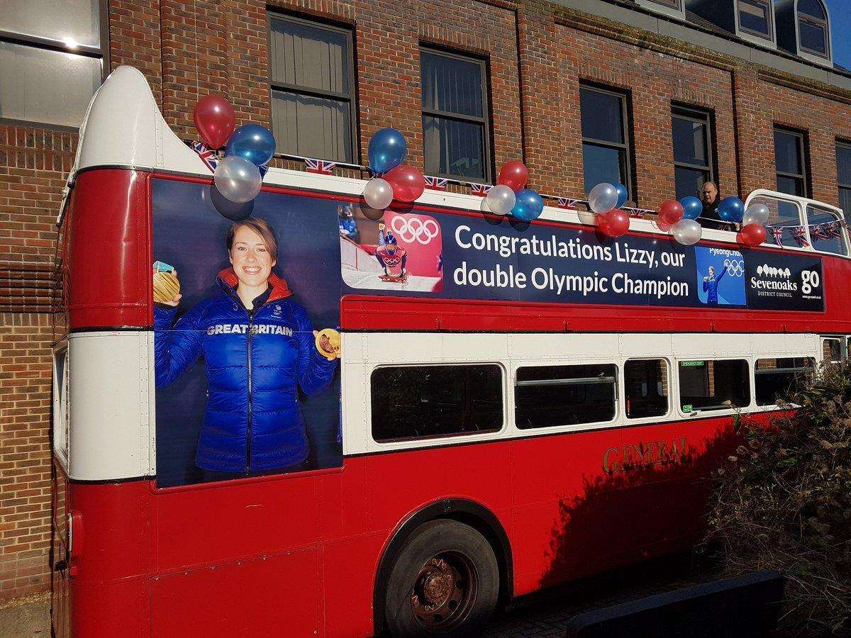 The open-top bus which will carry Lizzy Yarnold through Sevenoaks