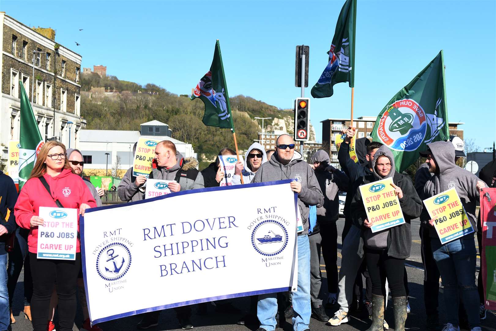 Sacked P&O staff and members of the RMT protest in Dover on March 17. Picture: Barry Goodwin