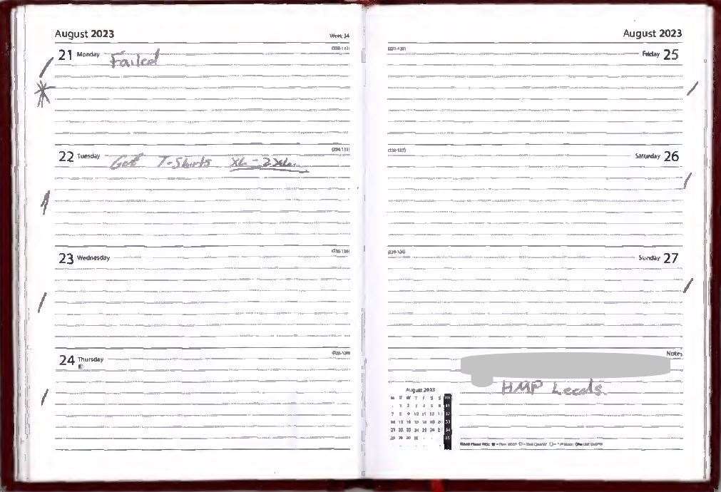 An asterisk and the word ‘failed’ next to the date of August 21 in Daniel Khalife’s prison diary (Metropolitan Police/PA)