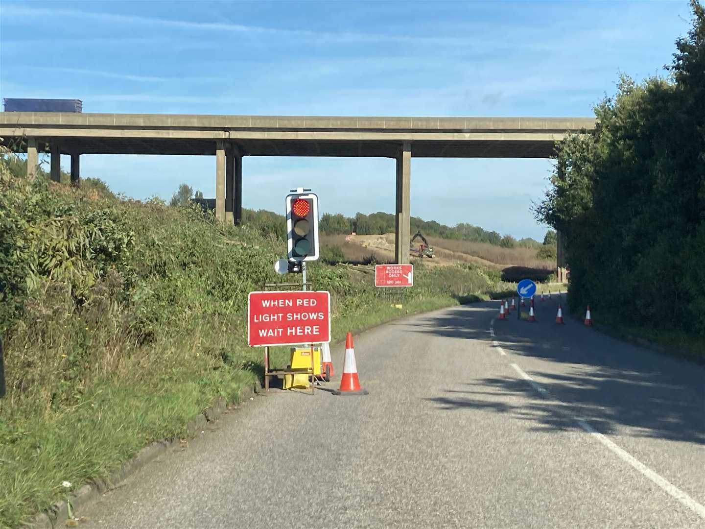 Temporary traffic lights in Maidstone Road for preliminary work on the Stockbury roundabout at Sittingbourne