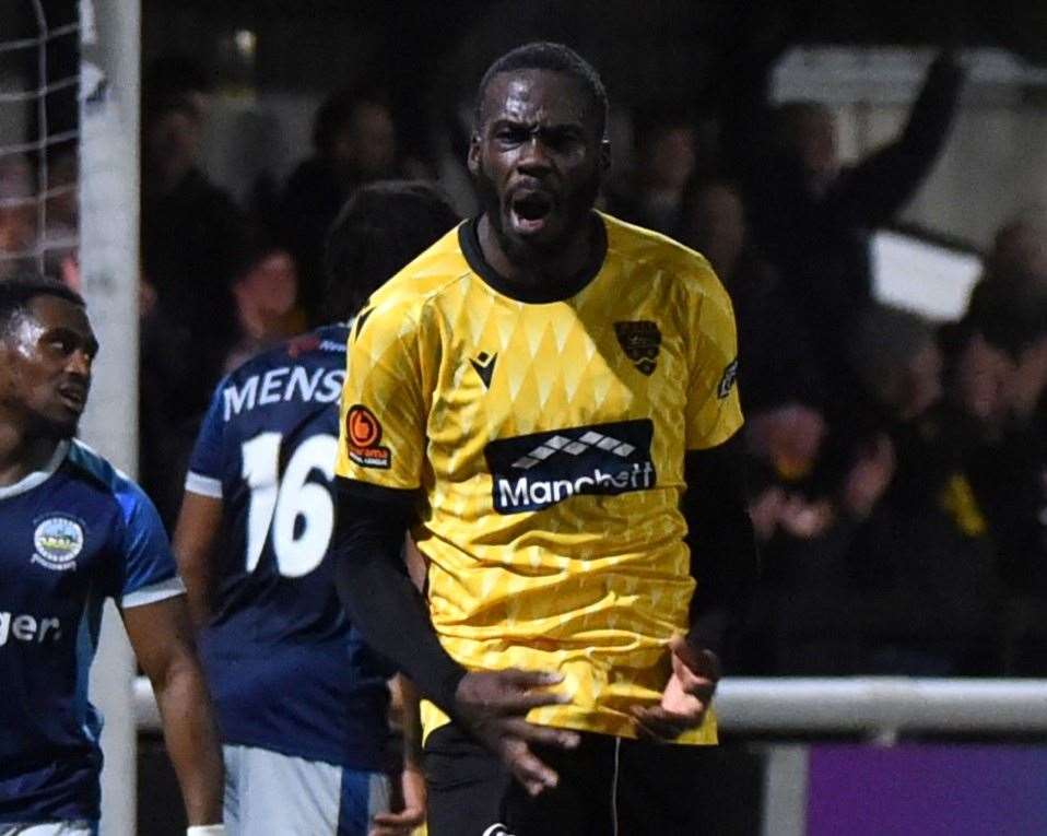 Maidstone United striker Levi Amantchi celebrates his goal. Picture: Steve Terrell