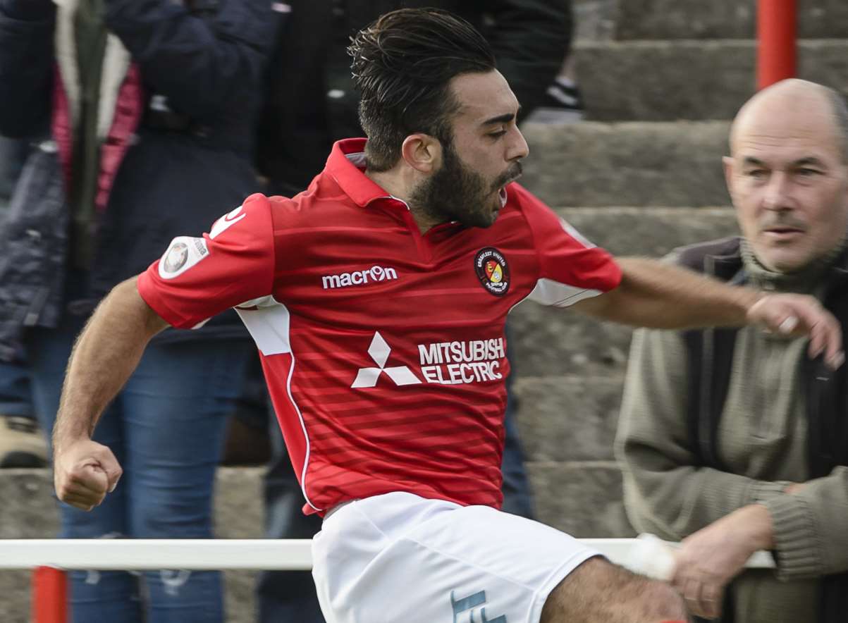 Sam Deering celebrates scoring Ebbsfleet's winner against Bath Picture: Andy Payton