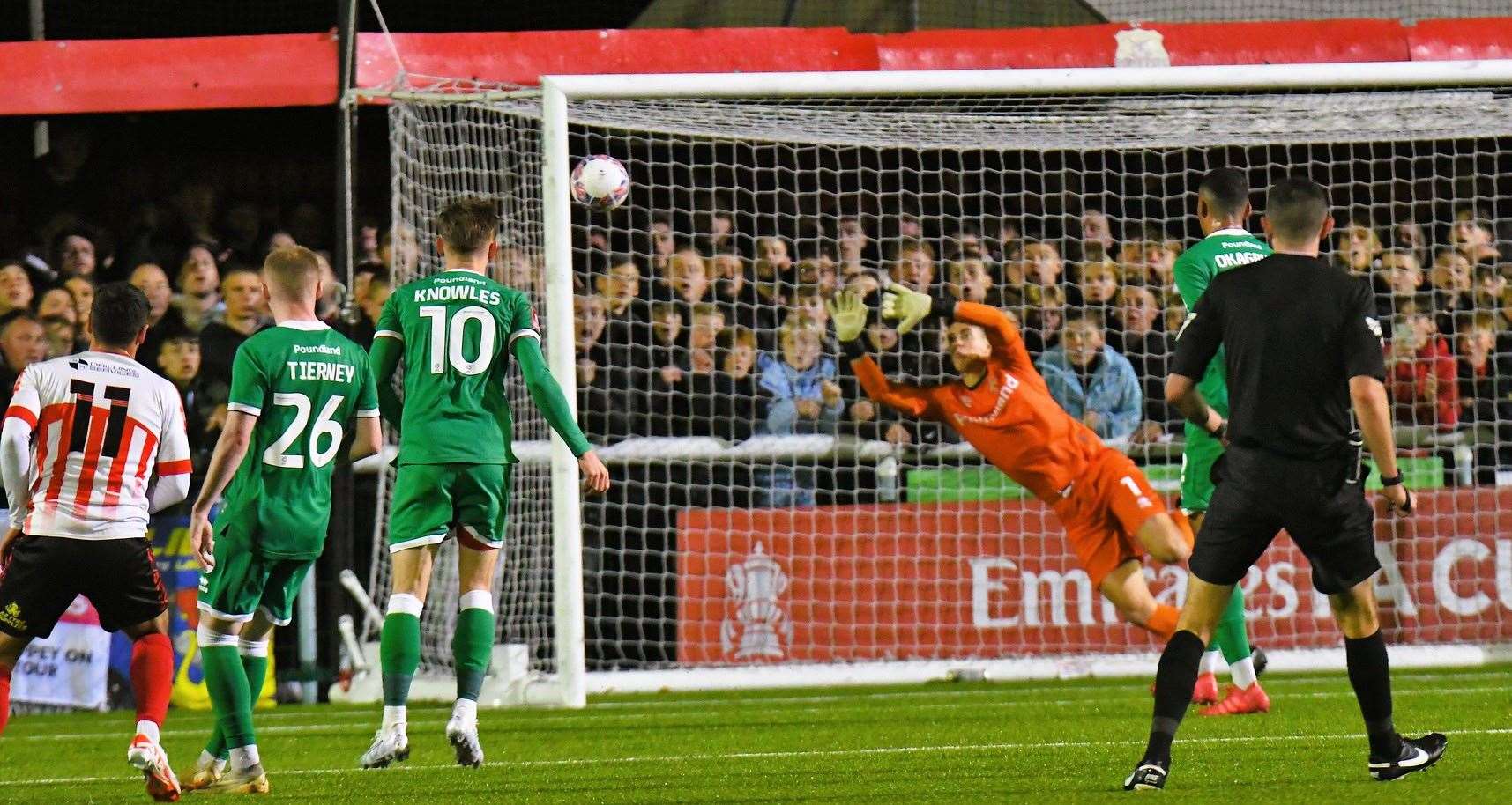 Midfielder James Bessey-Saldanha gives Sheppey a shock lead in stunning style in their FA Cup First-Round tie against Walsall – before the League 2 outfit fightback to win 4-1 on Friday. Picture: Marc Richards